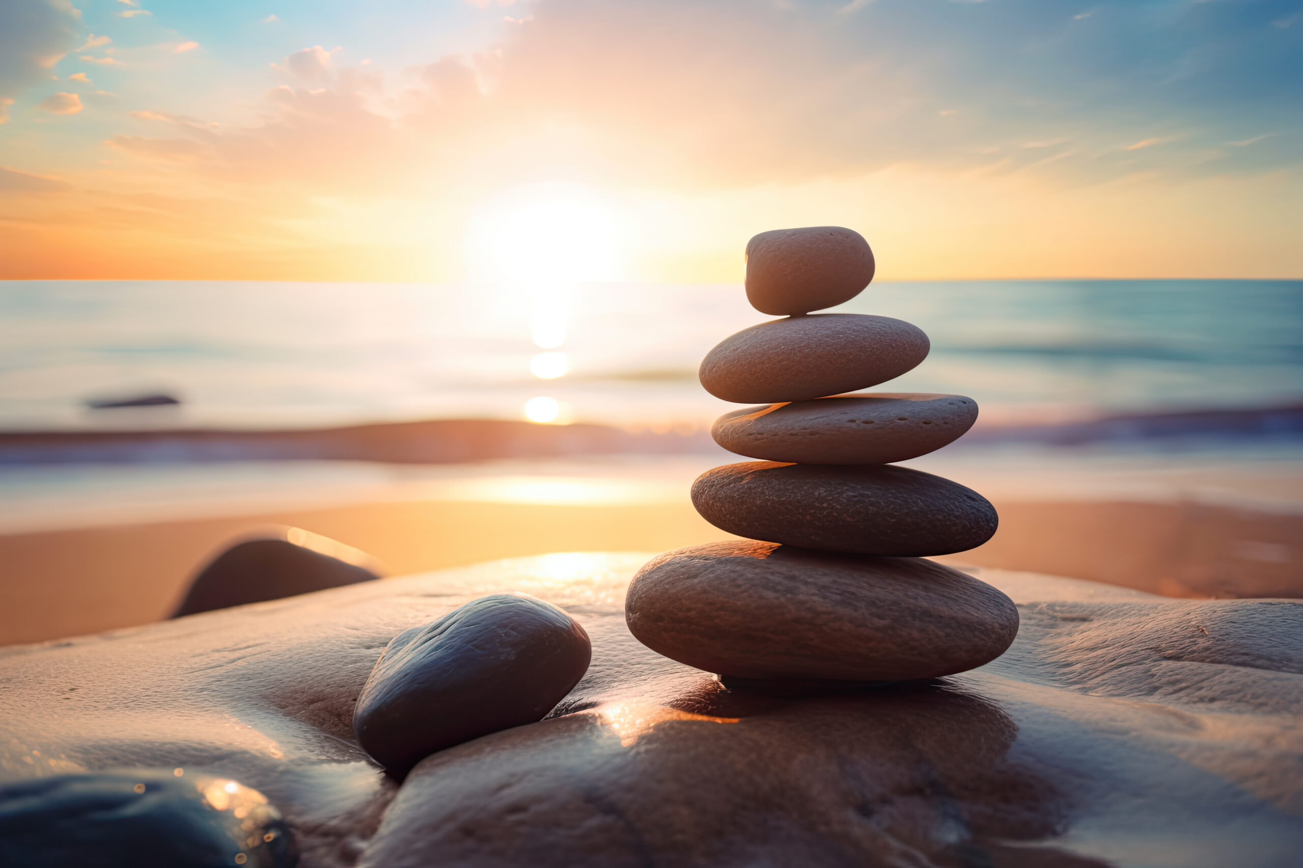 Zen stones balanced on the beach with copy space. Sunrise light. Meditation and relaxation. Ai generative